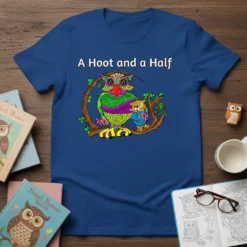 A Hoot and a Half text above a colorful owl and baby owl illustration on a royal blue t-shirt
