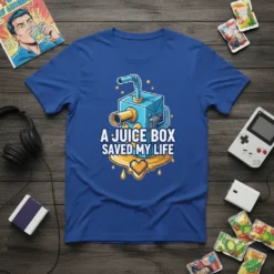 A Juice Box Saved My Life text with pixelated heart and dripping juice graphic on a royal blue t-shirt