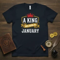 A King Was Born In January text design with a crown and shield graphic on a black t-shirt