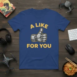 A LIKE FOR YOU text with a grey robot hand giving a thumbs up graphic on a blue t-shirt