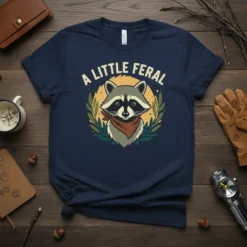 A Little Feral t-shirt design featuring a raccoon wearing a bandana, surrounded by leaves and a sun graphic