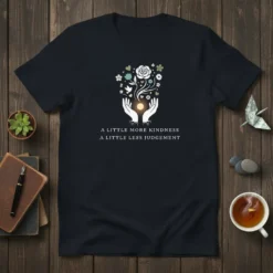 A dark t-shirt with the quote "A Little More Kindness A Little Less Judgement" and a graphic of hands holding