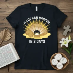 A Lot Can Happen In 3 Days Christian Easter T-Shirt featuring a tomb with light rays and three crosses