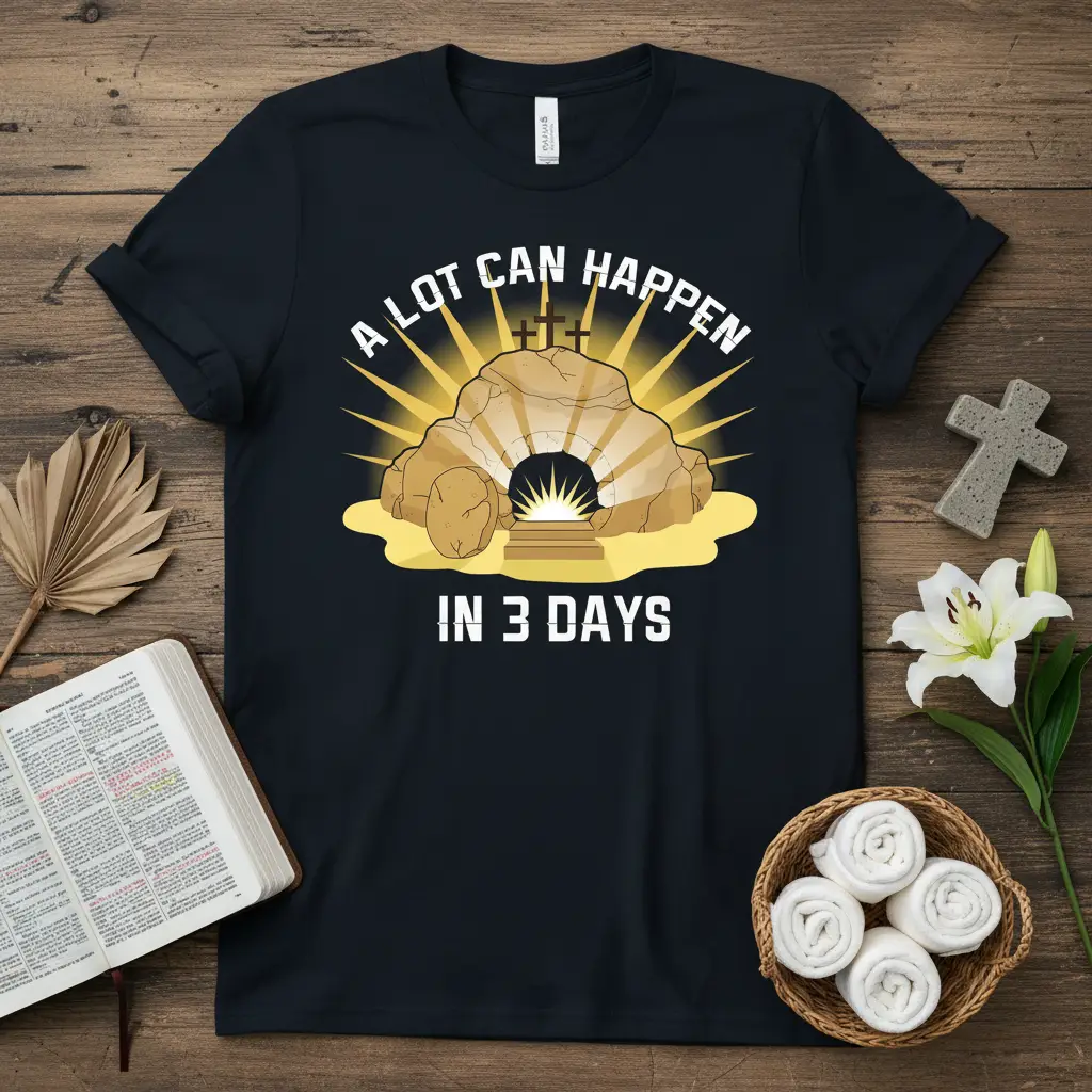 A Lot Can Happen In 3 Days Easter graphic t-shirt with tomb and crosses