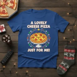 A Lovely Cheese Pizza Just For Me quote on a blue t-shirt with a cute, smiling cheese pizza graphic surrounded