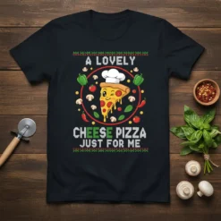 A Lovely Cheese Pizza Just For Me text design with a cute chef pizza slice and ingredients border
