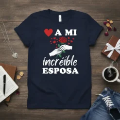 A Mi Increíble Esposa t-shirt design with white text, red heart, and hands holding a rose with red hearts