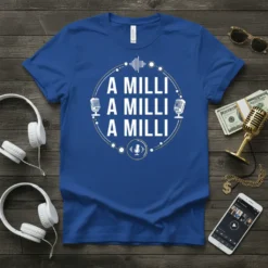 A Milli A Milli A Milli text design with vintage microphones and sound waves on a royal blue t-shirt