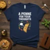 A Penne For Your Thoughts funny pasta pun t-shirt design with a smiling penne pasta character