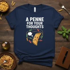 A Penne For Your Thoughts funny pasta pun t-shirt design with a smiling penne pasta character