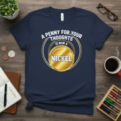 Navy t-shirt with white text "A Penny For Your Thoughts Is Now A Nickel" and a gold circle graphic