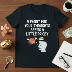 Black t-shirt with white text "A PENNY FOR YOUR THOUGHTS SEEMS A LITTLE PRICEY" and a graphic of a winged