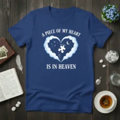 A Piece of My Heart Is In Heaven t-shirt with a heart shape made of clouds and a broken puzzle