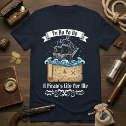 T-shirt design featuring the quote "A Pirate's Life For Me" with a pirate ship sailing on waves above a treasure