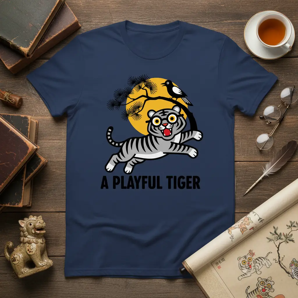 A Playful Tiger graphic tee with a jumping cartoon tiger and a bird illustration