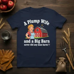 A Plump Wife and a Big Barn never did any man harm text with cartoon farm wife and red barn
