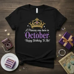 Black t-shirt with gold crown and purple text saying "A Princess was born in October Happy Birthday To Me!"