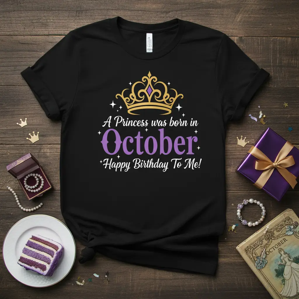 A Princess was born in October Happy Birthday To Me text with crown graphic on black t-shirt