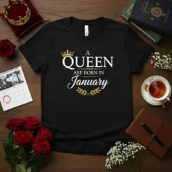 A Queen Are Born In January text with crown graphic on black t-shirt