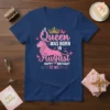 A Queen Was Born In August Happy Birthday To Me! text design with a pink glitter lion and crown on