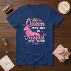 A Queen Was Born In August Happy Birthday To Me! text design with a pink glitter lion and crown on