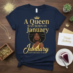 A Queen Was Born In January text with a regal illustration of a Black woman wearing a crown on a
