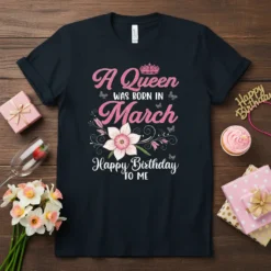 Black t-shirt with pink glitter text "A Queen Was Born In March Happy Birthday To Me" and a floral daffodil