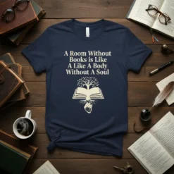 T-shirt featuring the quote "A Room Without Books Is Like A Body Without A Soul" with an open book, tree
