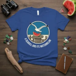 A seagull reaching for a slice of watermelon on a wooden table, with text "A SEAGULL AND ITS WATERMELON" below