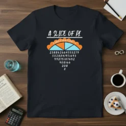 A Slice of Pi t-shirt design featuring the phrase "A SLICE OF PI" above a pie chart graphic and numerical