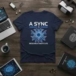 A SYNC RESEARCH INSTITUTE t-shirt featuring a blue circuit board globe design and white text