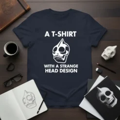 Navy blue t-shirt displaying white text "A T-SHIRT WITH A STRANGE HEAD DESIGN" and a stylized skull graphic