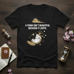 Black t-shirt with white text "A Thing Isn't Beautiful Because It Lasts" above a broken pocket watch graphic