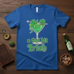 Blue t-shirt with "a tini bit Irish" text above a martini glass filled with green liquid and shamrocks