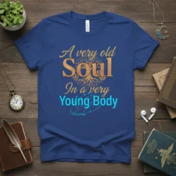 A very old Soul In a very Young Body quote on a blue t-shirt with a tree graphic and a