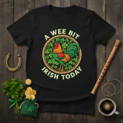 A black t-shirt with the text "A Wee Bit Irish Today" and a rooster wearing a green hat, surrounded by