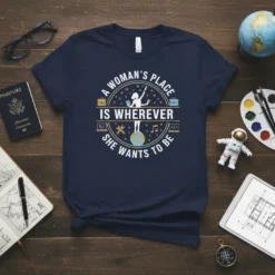 A Woman's Place Is Wherever She Wants To Be quote t-shirt featuring a woman on top of the globe with