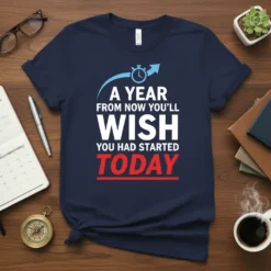 Motivational quote t-shirt with text "A Year From Now You'll Wish You Had Started Today" and an upward arrow graphic