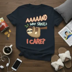 Sloth hanging from a branch wearing sunglasses with text "AAAAAND WHY SHOULD I CARE?" on a navy t-shirt