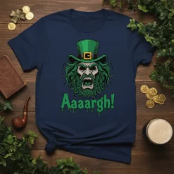 A screaming leprechaun face with green hair and hat above the text "Aaaargh!" on a navy t-shirt