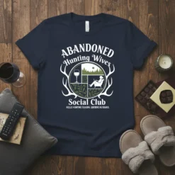 Abandoned Hunting Wives Social Club text with graphic of wine, laptop, and forest scene on a navy t-shirt