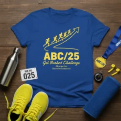 Blue t-shirt featuring "ABC/25 Get Burked Challenge" text and graphic of runners ascending an arrow, representing the ABC/25 running event
