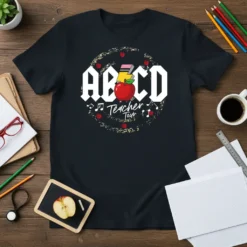 ABCD Teacher Tour quote with apple graphic on a black t-shirt, inspired by AC/DC logo