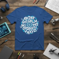 ABCDEF GHIJKL MNO PQRSTU VWXYZ alphabet design on a blue t-shirt, featuring circular typography and spray paint elements
