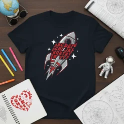 Rocket ship design featuring the alphabet letters ABCDEFG OGHIIJKL NQRTAY ZWYYZ with stars and a fiery exhaust