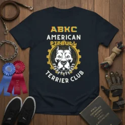 ABKC American Pitbull Terrier Club t-shirt design featuring a fierce pitbull head within a gear emblem and bold typography