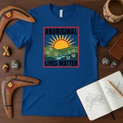 Aboriginal Lives Matter t-shirt with a sunset landscape graphic and text