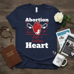 Navy blue t-shirt with bold white text "Abortion Stops A Beating Heart" and a graphic of a heart with a