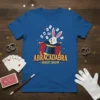 Abracadabra Magic Show text with a winking rabbit in a top hat graphic on a blue t-shirt