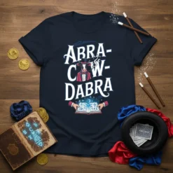 Abracowdabra text with a cow magician graphic, featuring a book of spells, on a navy t-shirt